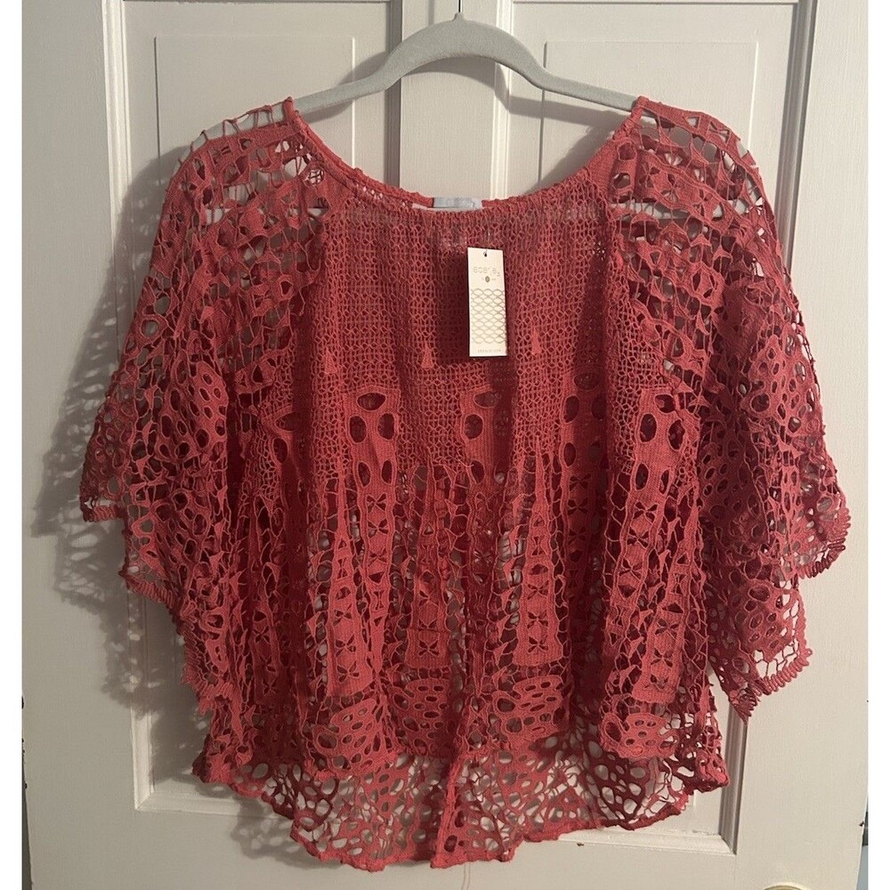 Ebergy Coral Red Open Weave Crochet Top Size S